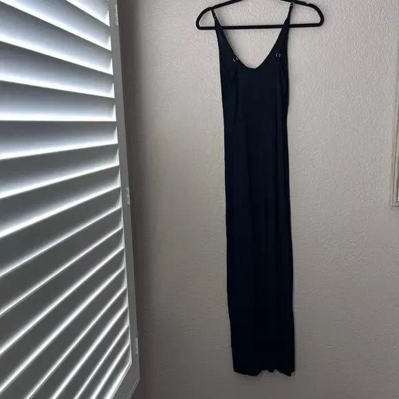 DISSH V Neck Fitted Cami Slip Maxi Dress with Back Slit in Black Semi Sheer - Picture 2 of 7